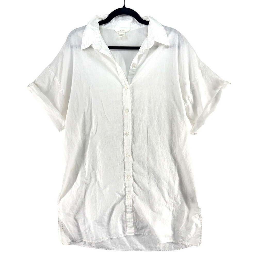 H&M White Linen Blend Oversized Tunic Shirt M Lagenlook Minimalist Quiet Luxury